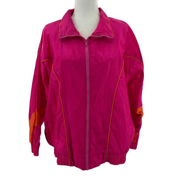 Vintage 90s Wear 2B Seen Pink & Orange Nylon Windbreaker Zip Jacket Women Sz 1X - Picture 2 of 9